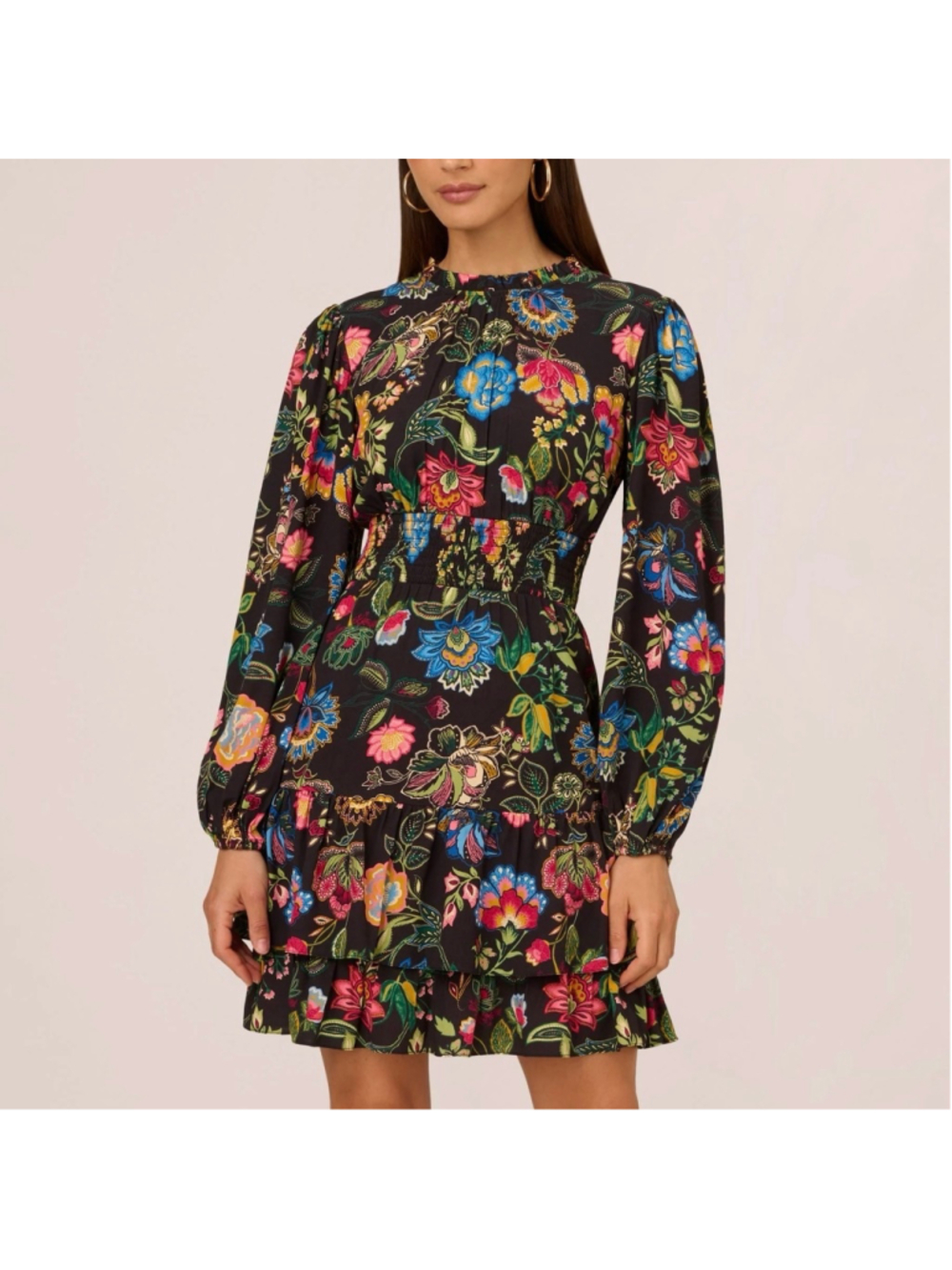 ADRIANNA PAPELL Smocked Printed Short Dress Black Multi Floral Size 12 NWT $149